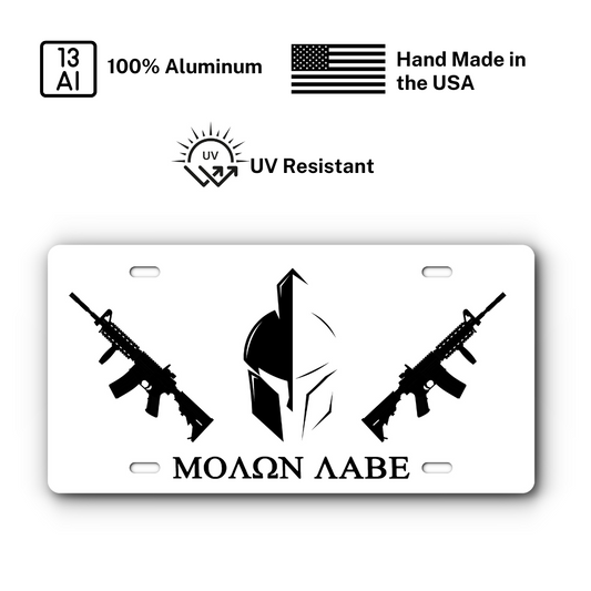 Molon Labe – Come and Take It – Black & White plate: 100% aluminum, UV resistant, made in the USA