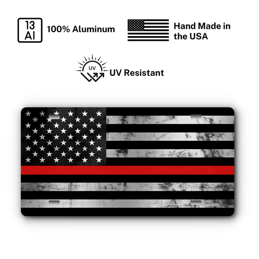 First Responder – Thin Red Line Distressed plate: 100% aluminum, UV resistant, made in the USA
