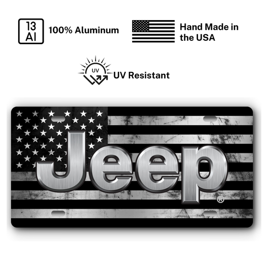 Jeep Distressed Flag – Stainless & Black plate: 100% aluminum, UV resistant, made in the USA