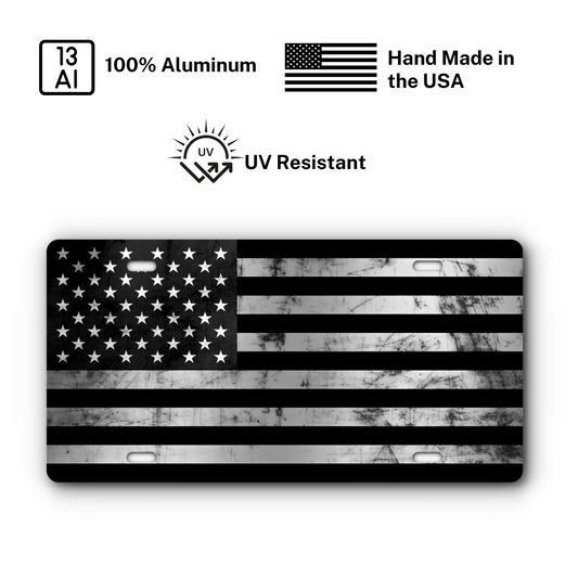 Distressed American Flag – Black & Stainless plate: 100% aluminum, UV resistant, made in the USA