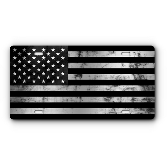 Distressed American Flag – Black & Stainless vanity aluminum license plate