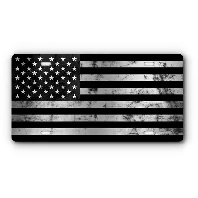 Distressed American Flag – Black & Stainless vanity aluminum license plate