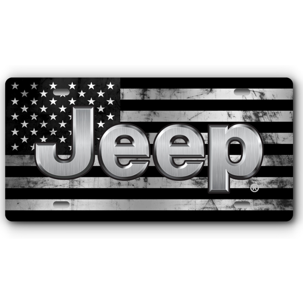 Jeep Distressed Flag - Aluminum License Plate - Stainless & Black