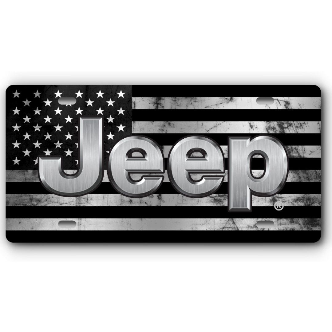 Jeep Distressed Flag - Aluminum License Plate - Stainless & Black