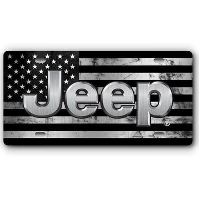 Jeep Distressed Flag - Aluminum License Plate - Stainless & Black