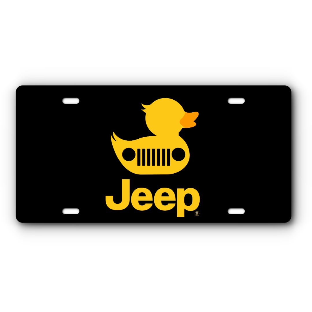 Jeep Duck vanity aluminum license plate in black with a yellow duck