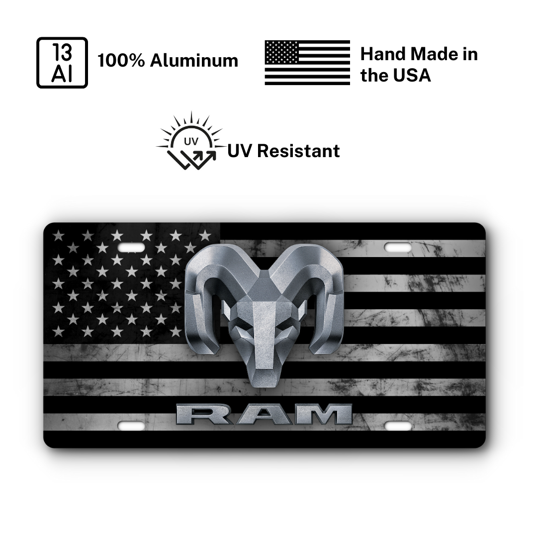 RAM – Distressed Flag plate: 100% aluminum, UV resistant, made in the USA