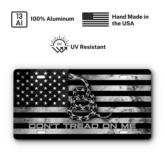 Don't Tread On Me – Come and Take It – Stainless Distressed Flag plate: 100% aluminum, UV resistant, made in the USA