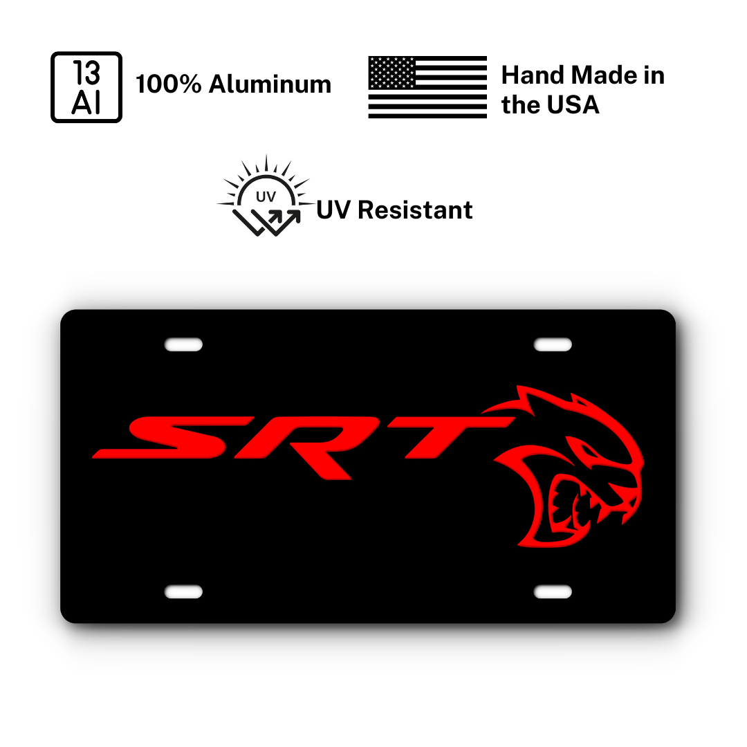 SRT Hellcat – Black & Red plate: 100% aluminum, UV resistant, made in the USA
