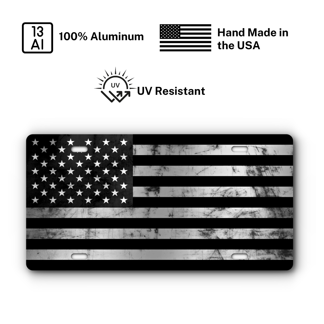 Distressed American Flag – Black & Stainless plate: 100% aluminum, UV resistant, made in the USA