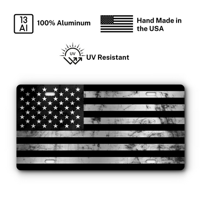 Distressed American Flag – Black & Stainless plate: 100% aluminum, UV resistant, made in the USA