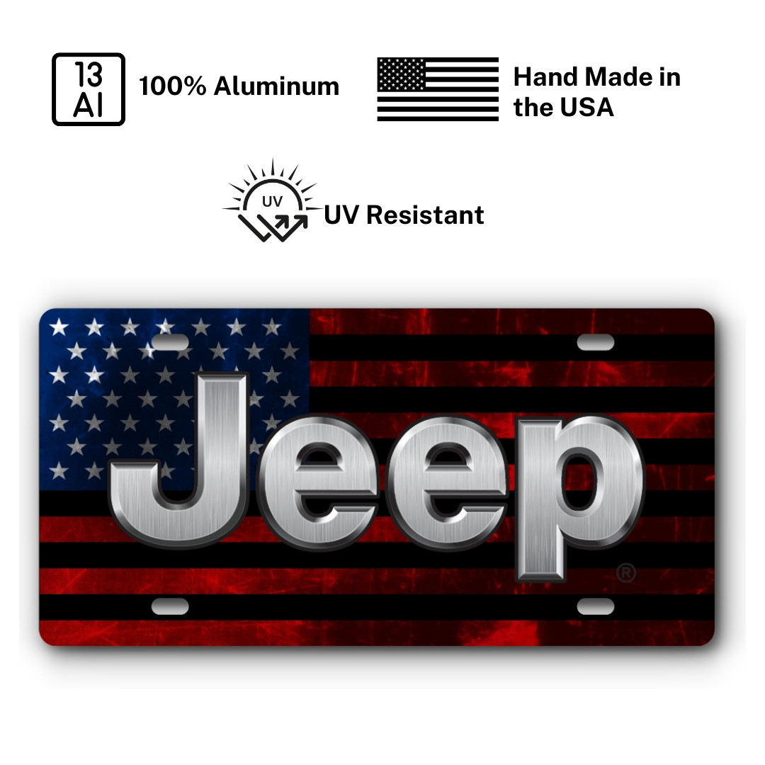 Jeep Distressed Flag – Red & Blue Stainless plate: 100% aluminum, UV resistant, made in the USA