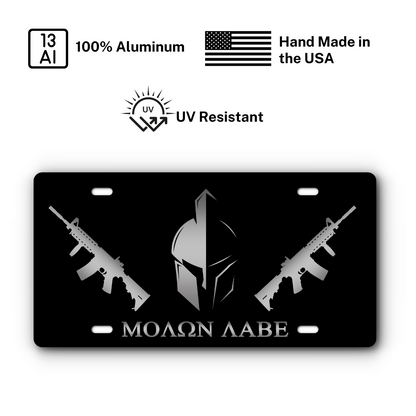 Molon Labe – Come and Take It – Black & Stainless Steel plate: 100% aluminum, UV resistant, made in the USA