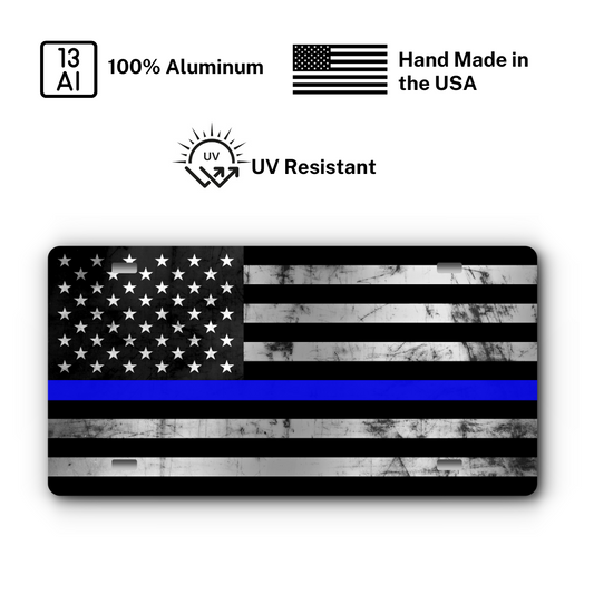First Responder – Thin Blue Line Distressed plate: 100% aluminum, UV resistant, made in the USA