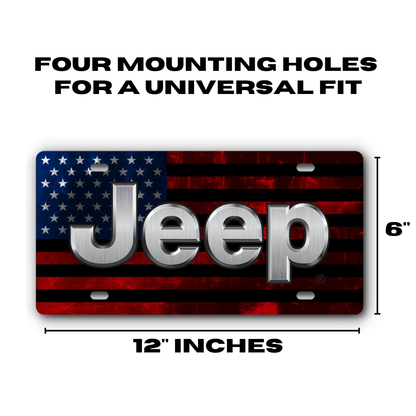 Jeep Distressed Flag – Red & Blue Stainless plate size: 12 x 6 inches with four mounting holes