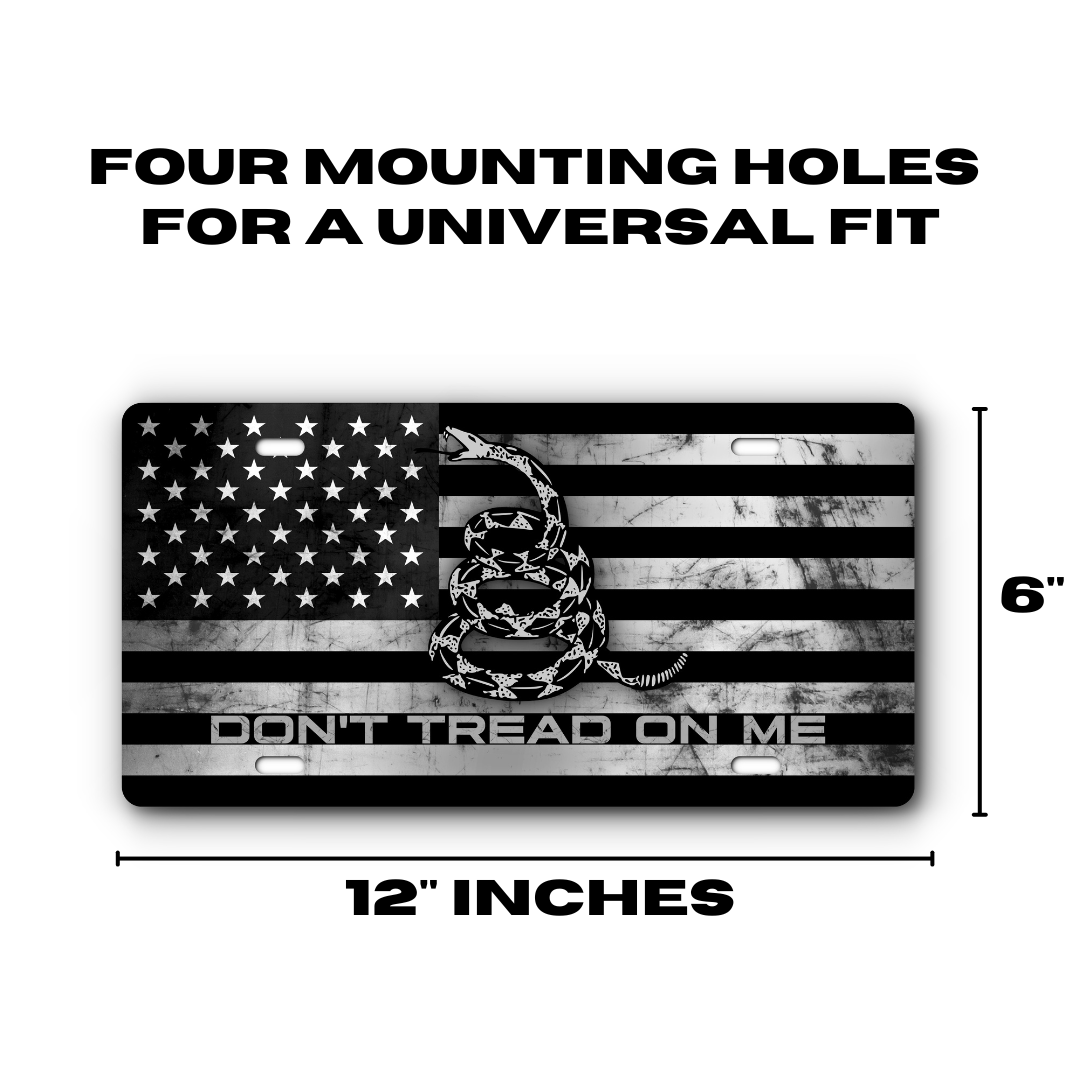 Don't Tread On Me – Come and Take It – Stainless Distressed Flag plate size: 12 x 6 inches with four mounting holes
