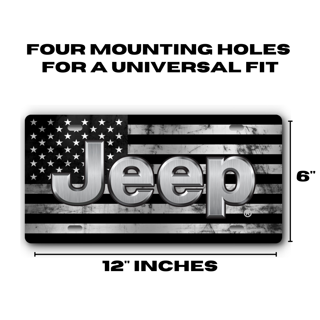 Jeep Distressed Flag – Stainless & Black plate size: 12 x 6 inches with four mounting holes