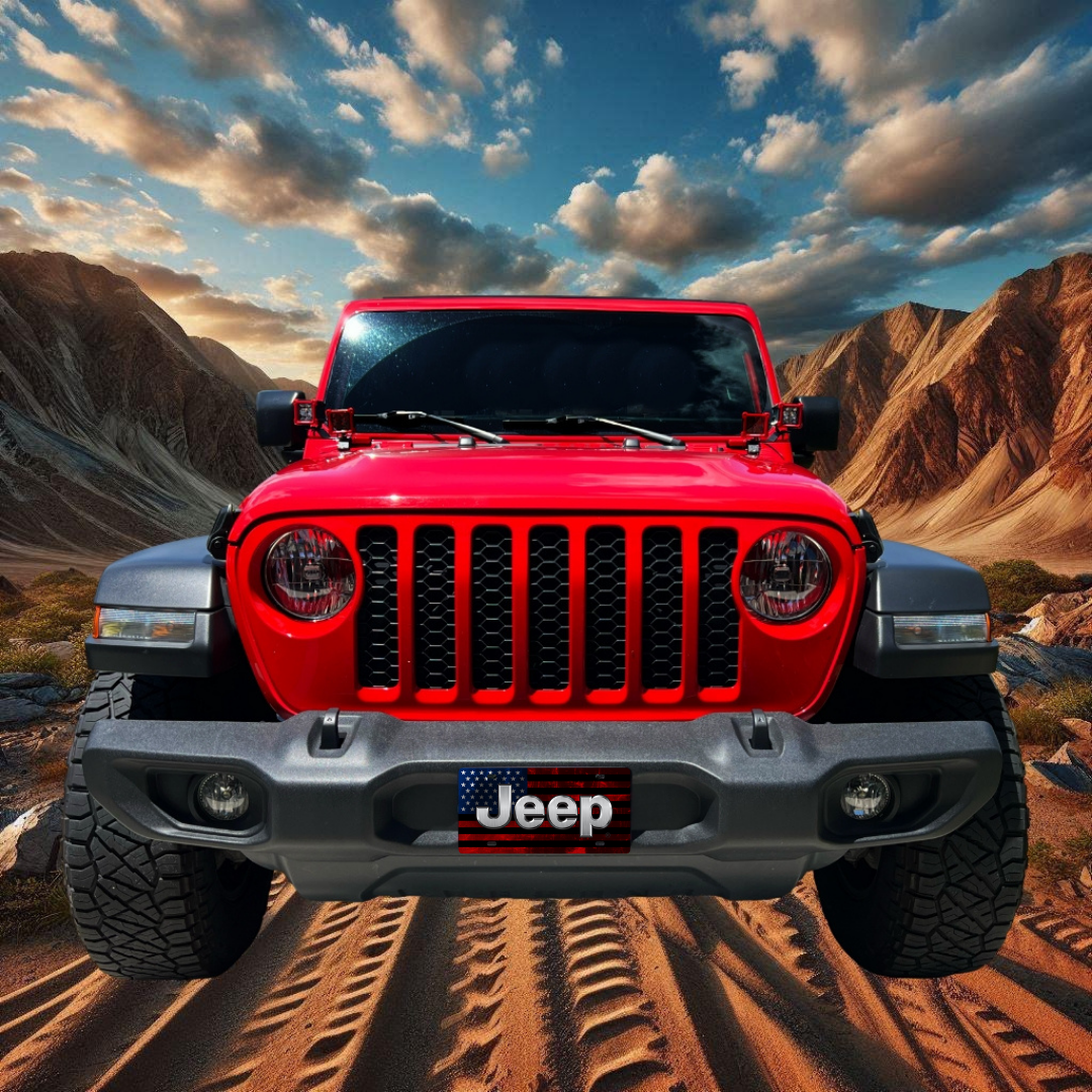 Jeep Distressed Flag – Red & Blue Stainless front plate on a red Jeep Wrangler