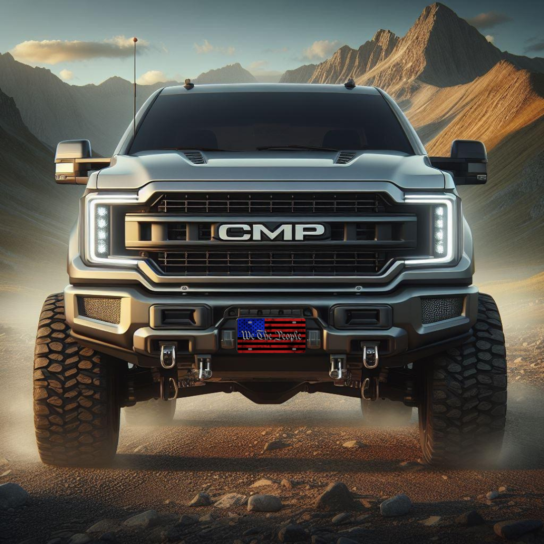 We The People – Red & Blue front plate on a lifted pickup truck
