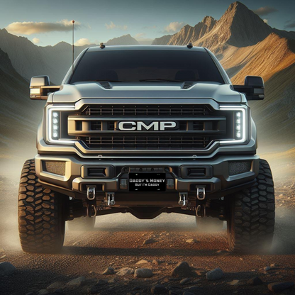 Daddy's Money, But I'm Daddy – Black & Stainless front plate on a lifted pickup truck