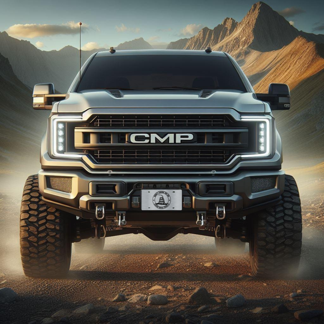 Don't Tread On Me – Come and Take It – Stainless front plate on a lifted pickup truck