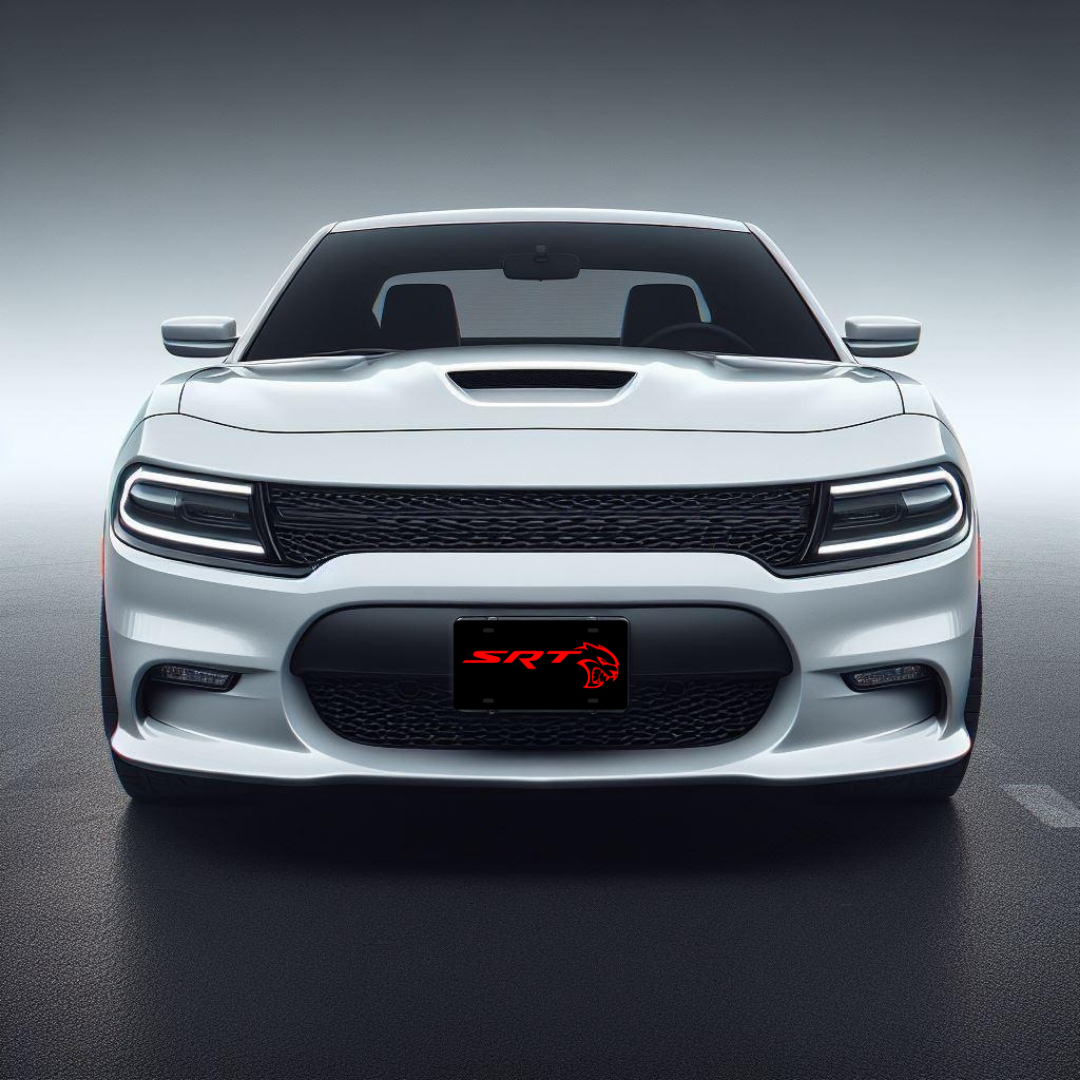 SRT Hellcat – Black & Red front plate on a white Dodge Charger