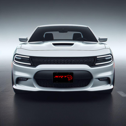 SRT Hellcat – Black & Red front plate on a white Dodge Charger