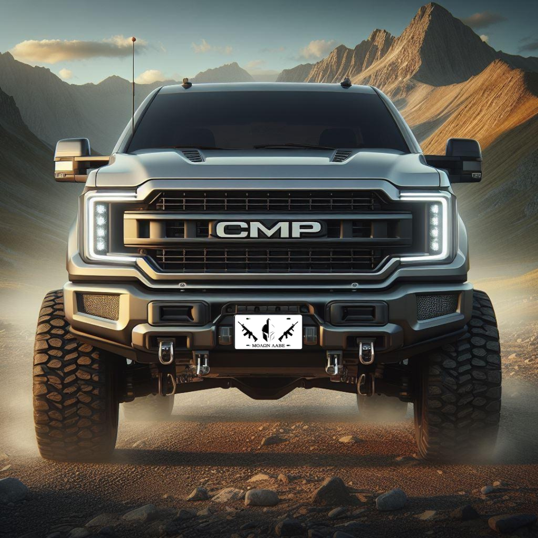Molon Labe – Come and Take It – Black & White front plate on a lifted pickup truck
