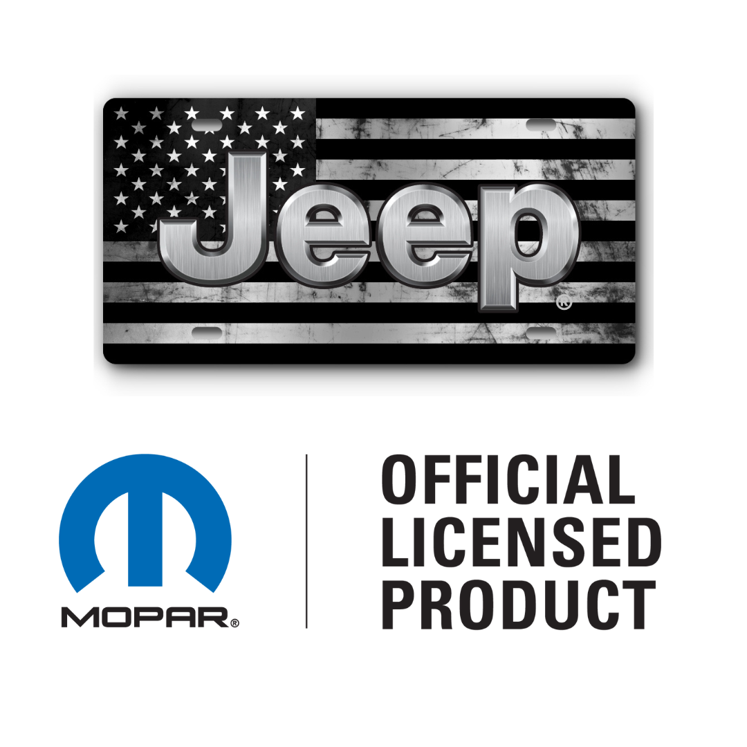 Jeep Distressed Flag - Aluminum License Plate - Stainless & Black