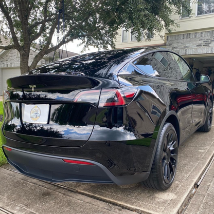 Black Tesla with a custom plate cover on the rear