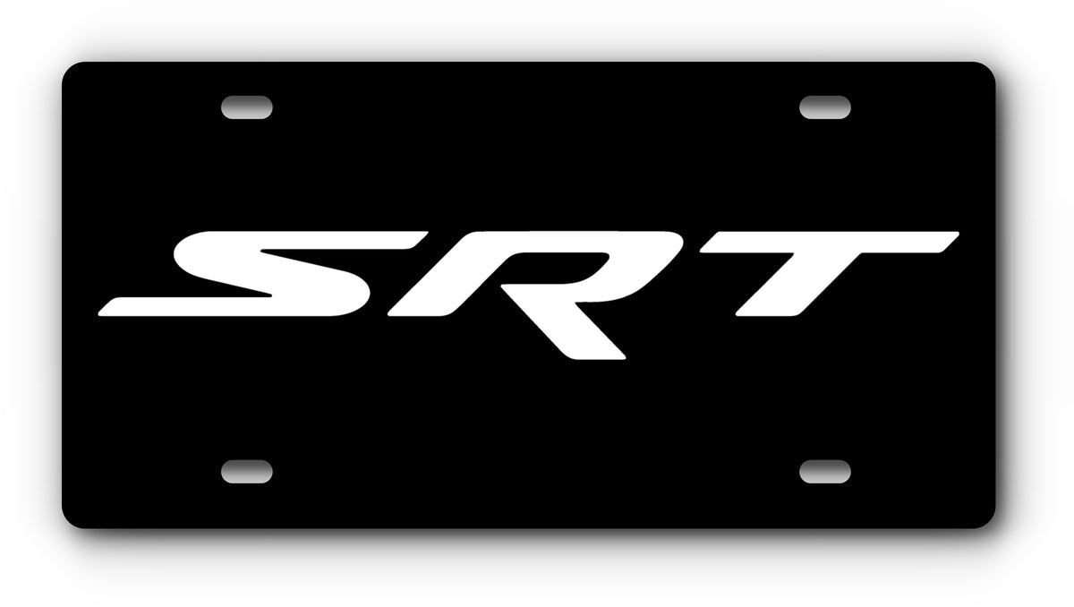 Dodge SRT vanity plate in black and white with mounting holes
