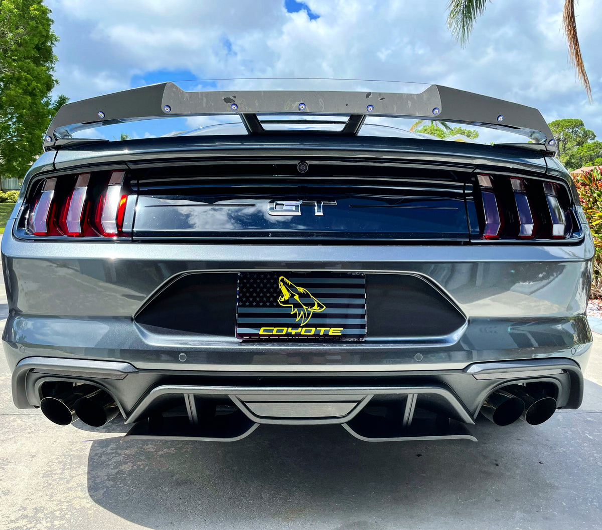 Grey Mustang with a yellow Coyote flag plate cover
