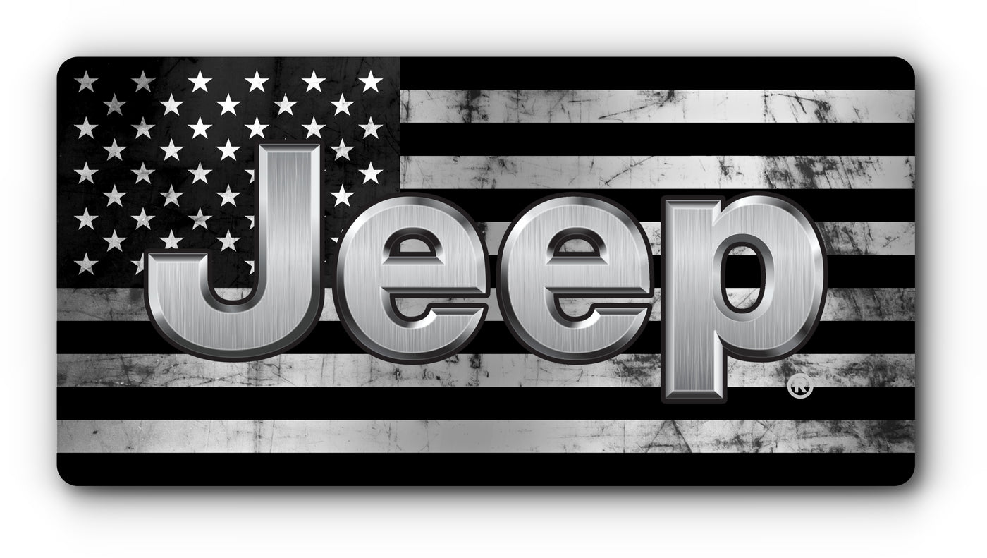 Jeep Plate Distressed Flag B&W - Vanity & Magnetic