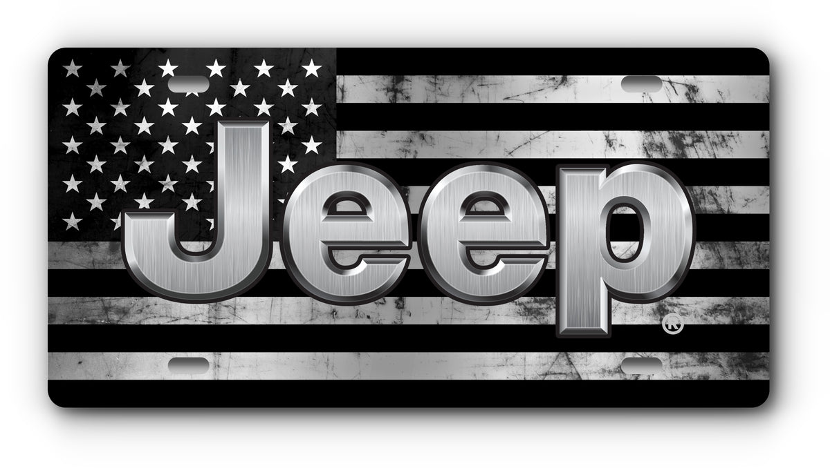 Jeep black and white distressed flag vanity plate with mounting holes