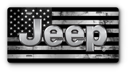 Jeep black and white distressed flag vanity plate with mounting holes