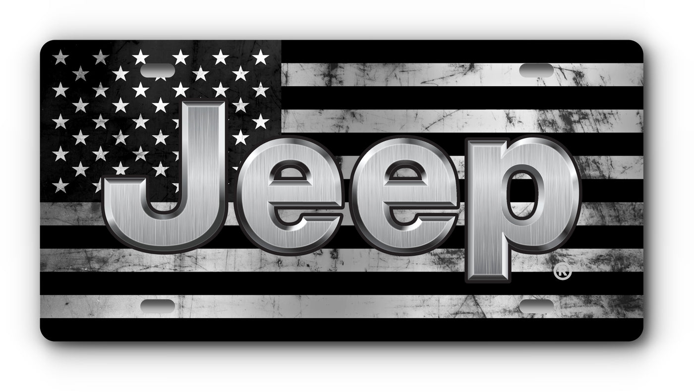 Jeep Plate Distressed Flag B&W - Vanity & Magnetic