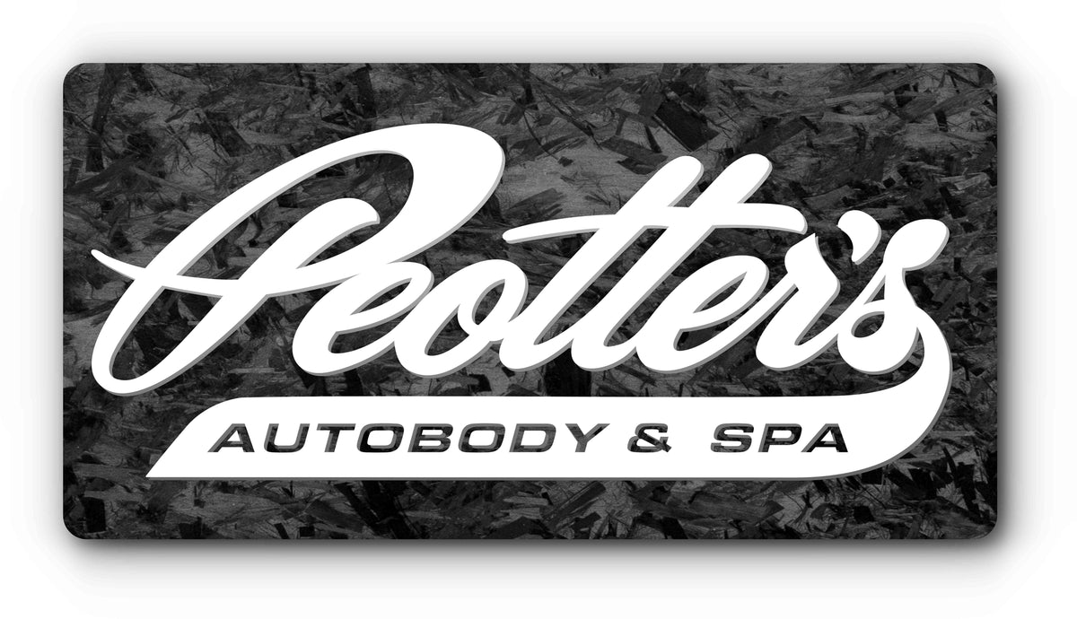 Forged carbon custom plate cover with an auto body shop script logo
