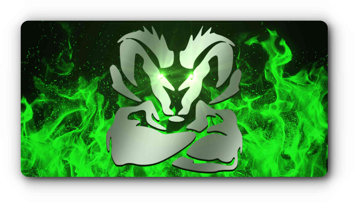 Custom magnetic plate cover with a Ram head logo in green flames