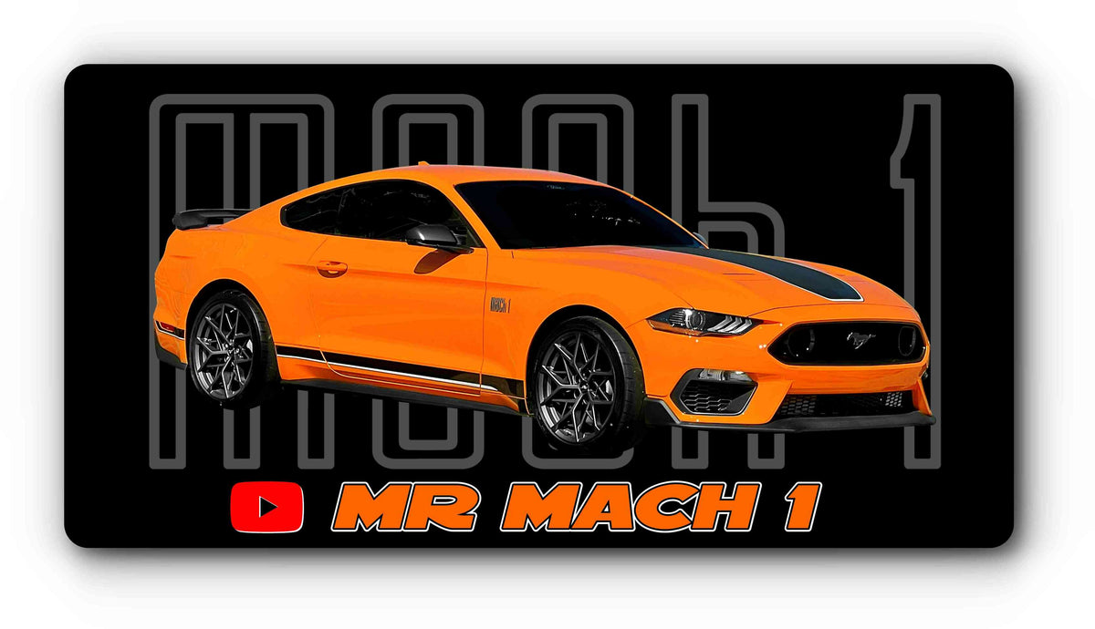 Custom magnetic plate cover with an orange Mustang Mach 1 and a social handle