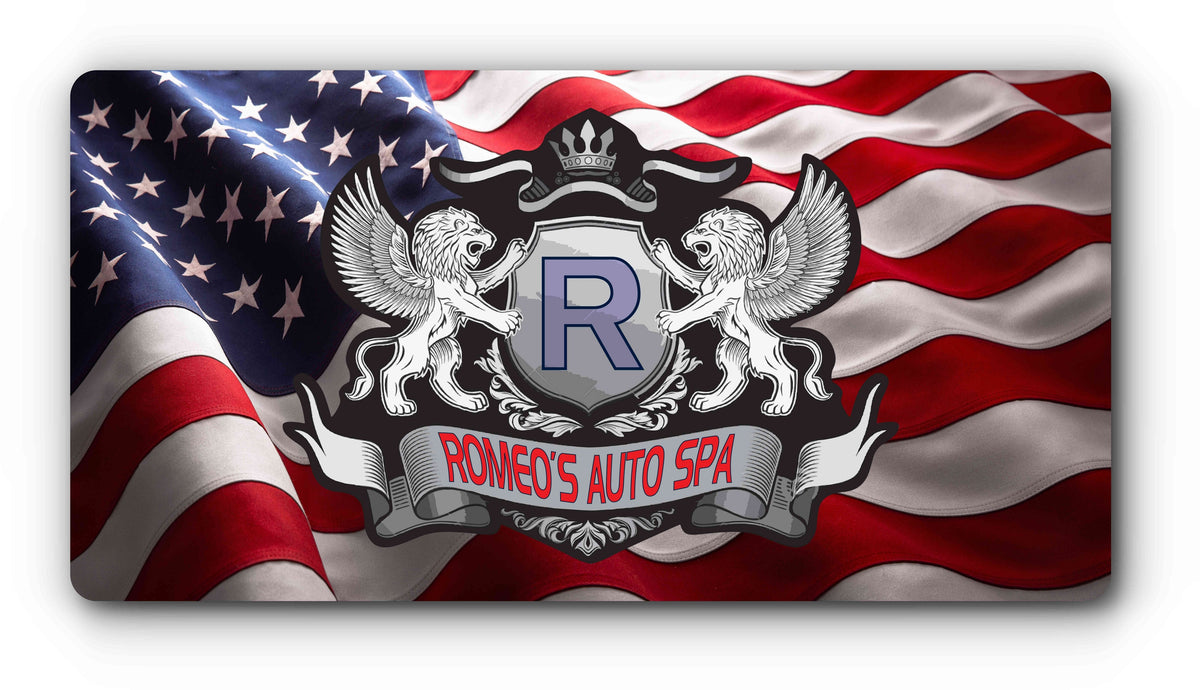 Custom plate cover with an American flag and an auto shop crest logo