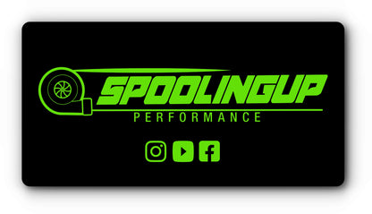 Custom plate cover with a green performance shop logo and social icons
