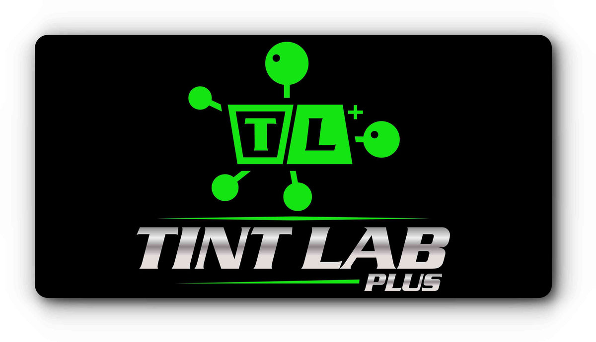Custom plate cover with a green window tint shop logo
